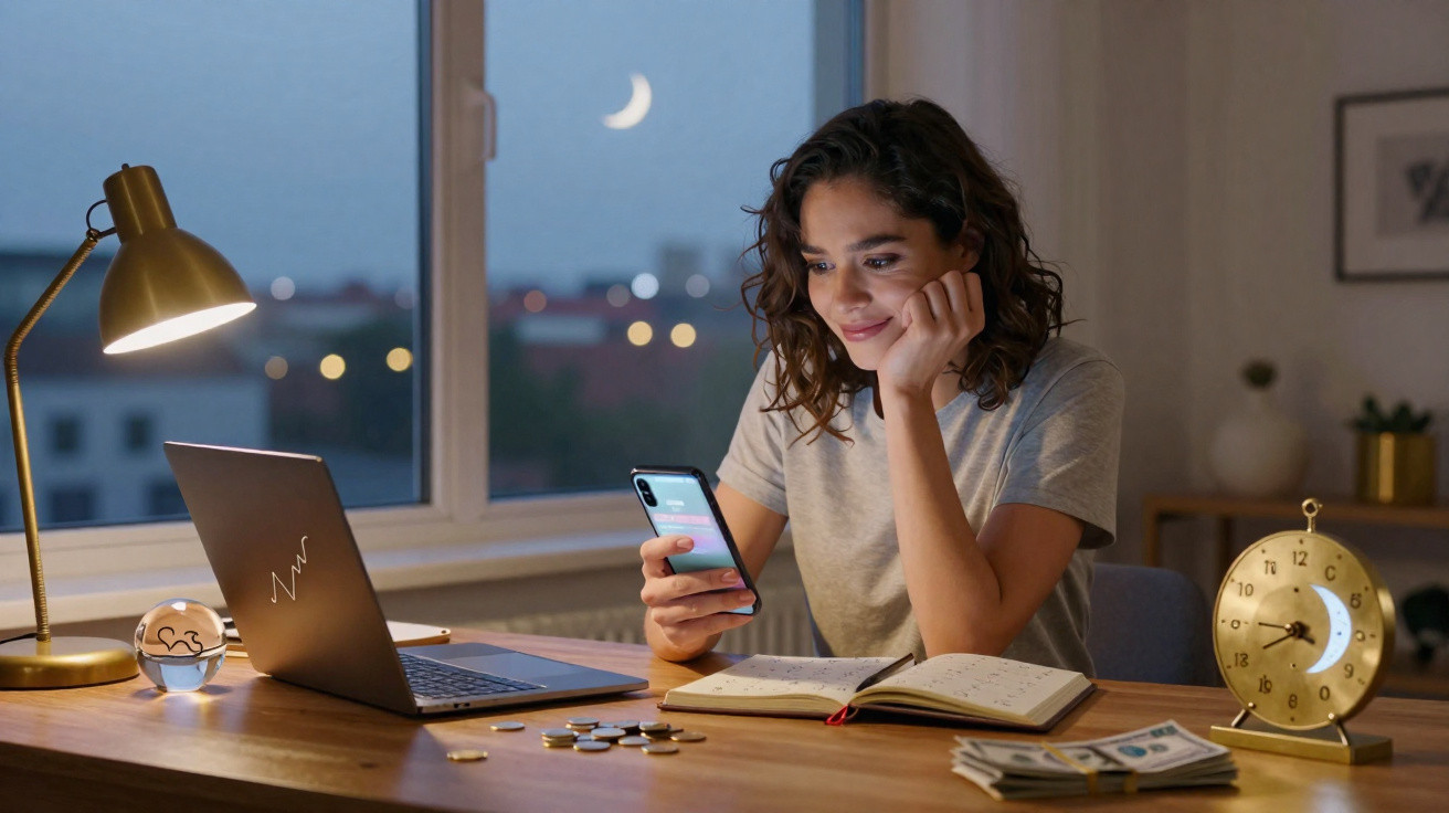 Mulher sentada à mesa com notebook, agenda, dinheiro e relógio, a olhar para o telemóvel à noite.