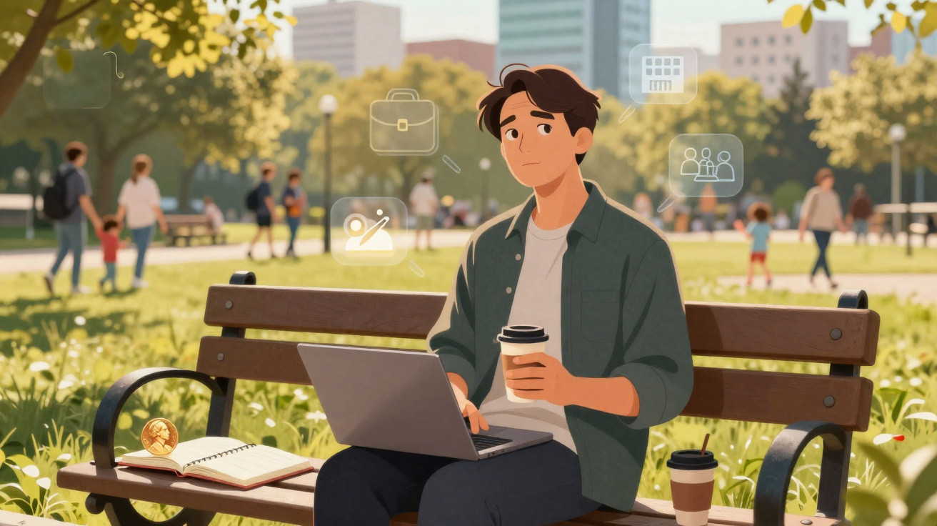 Homem jovem sentado num banco de parque, a trabalhar num portátil e a beber café numa manhã ensolarada.