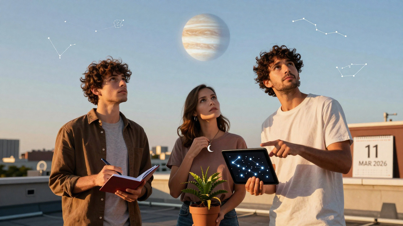 Três jovens observam constelações e planetas digitais no céu ao entardecer, com calendário de março 2026.