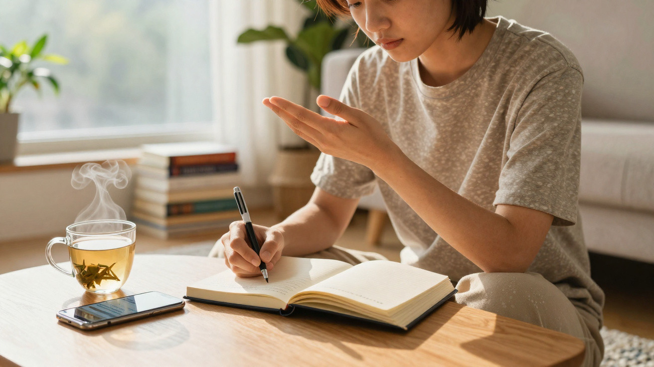 Pessoa sentada a escrever num caderno ao lado de chá quente e telemóvel numa mesa de madeira clara.
