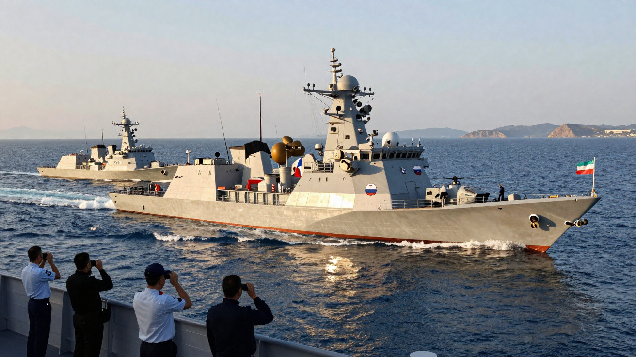 Fragatas militares russas a navegar no mar, vistas de uma embarcação com pessoas a observar.
