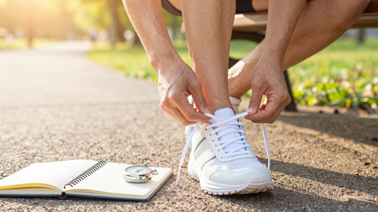 Pessoa a calçar sapatilhas brancas num parque, com caderno aberto e cronómetro ao lado no chão.