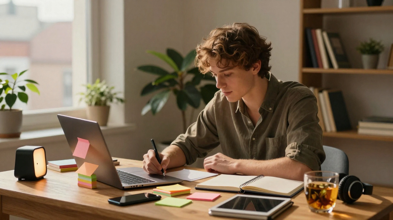 Jovem sentado a estudar com portátil, tablet, notas e chá num ambiente iluminado e organizado.