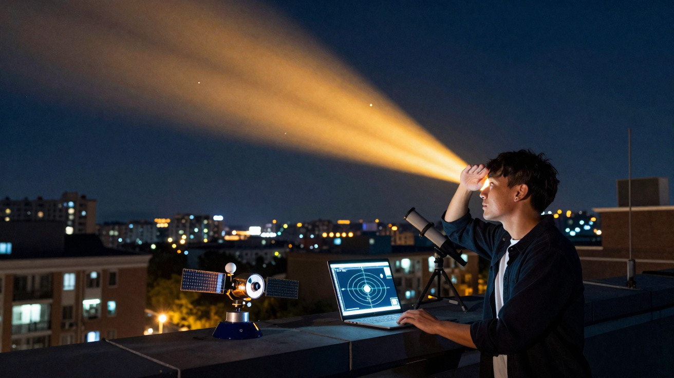 Homem numa varanda à noite observa o céu, com laptop e telescópio, luz amarela ilumina seu rosto.