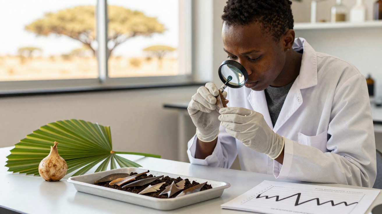 Cientista em laboratório a examinar amostra com lupa, bandeja com terra e papel, e gráfica de resultados.