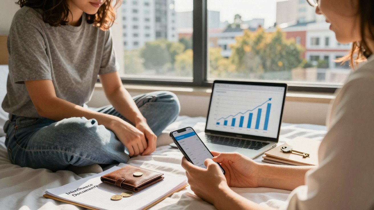 Duas pessoas sentadas numa cama a analisar documentos e gráficos num portátil e smartphone.