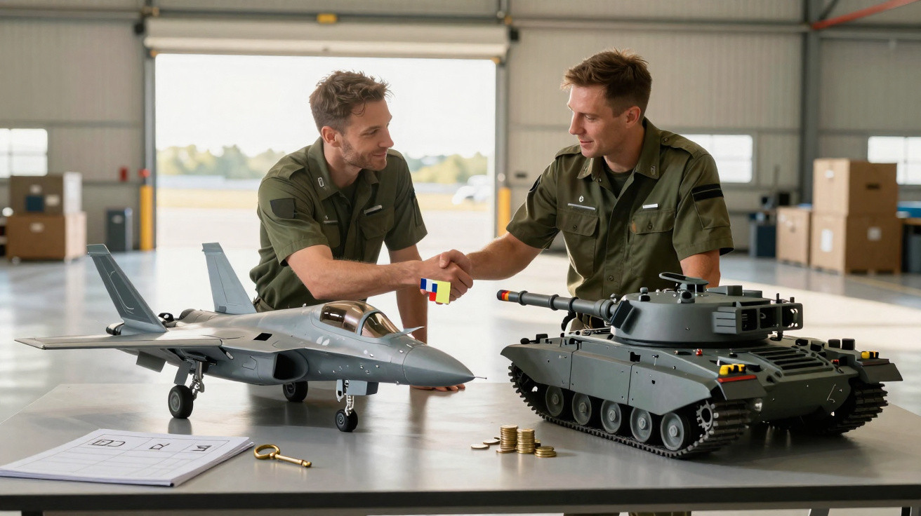Dois homens em uniforme militar apertam as mãos sobre uma mesa com modelos de avião de combate e tanque.
