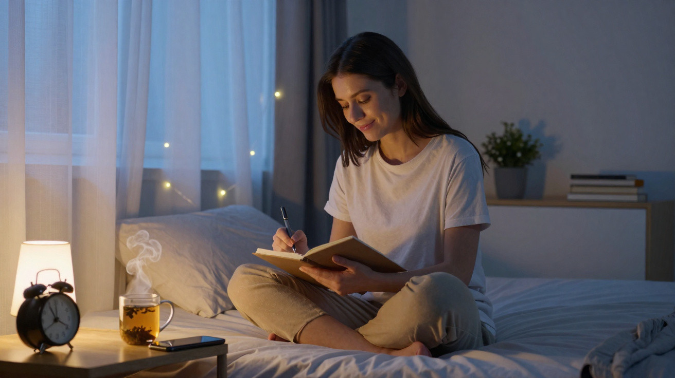 Mulher sentada na cama à noite a escrever num caderno, com chá quente e relógio numa mesa ao lado.