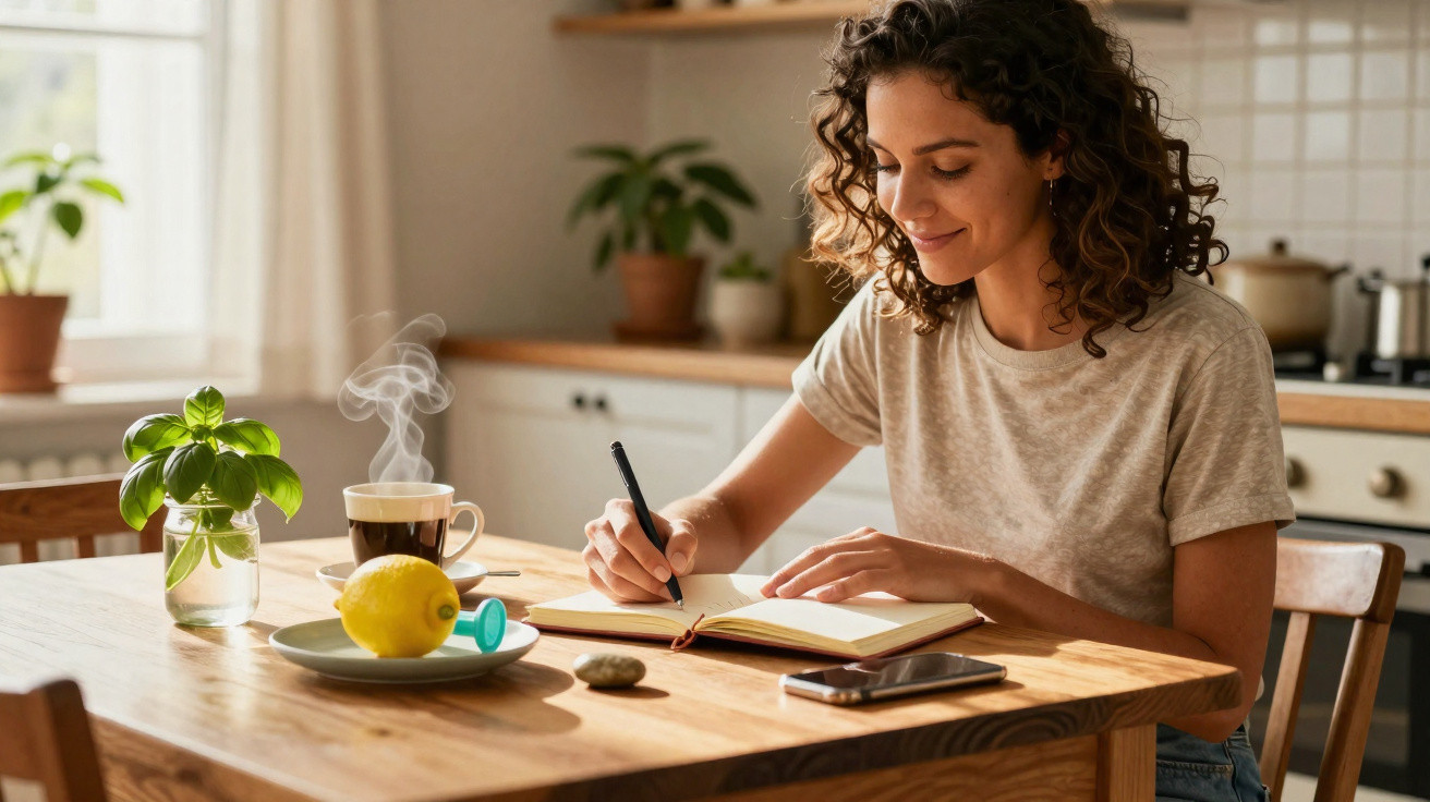 Mulher a escrever num caderno sentada à mesa de madeira numa cozinha iluminada pela manhã.
