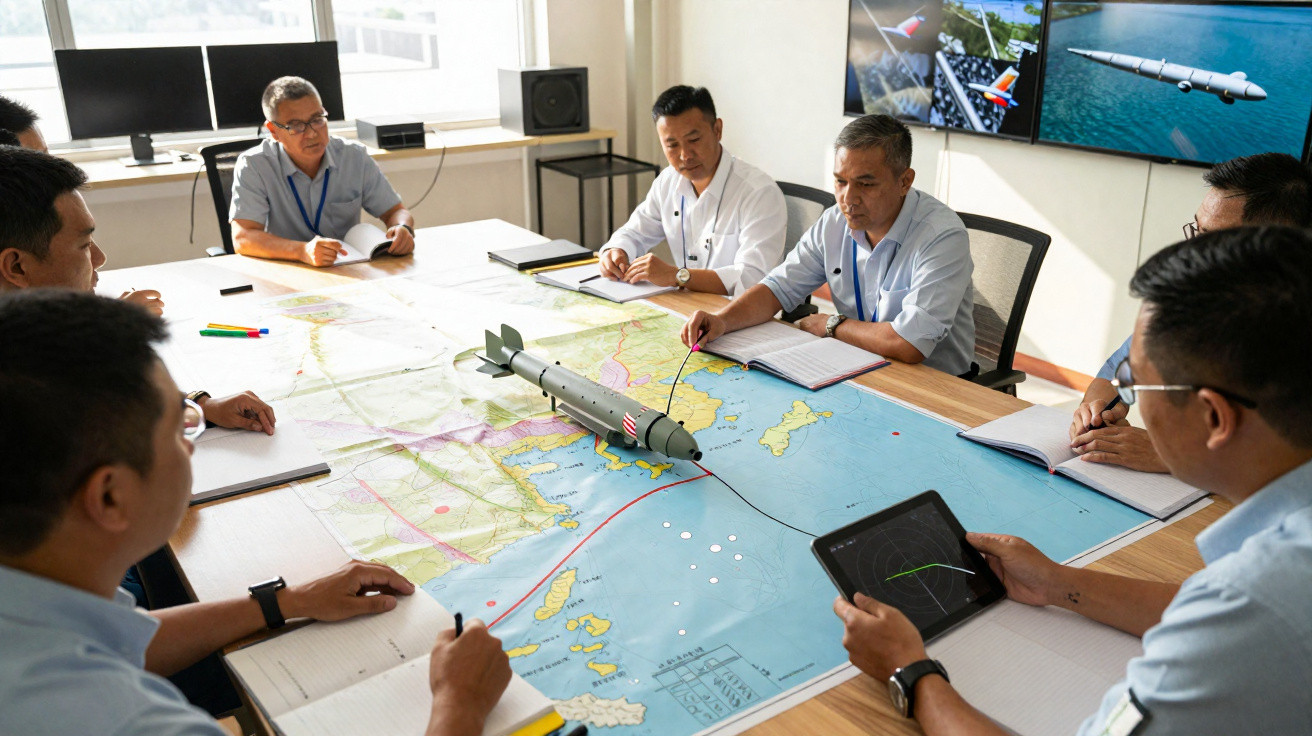 Equipe de profissionais reunidos em mesa com mapa e modelo de míssil para planeamento estratégico.