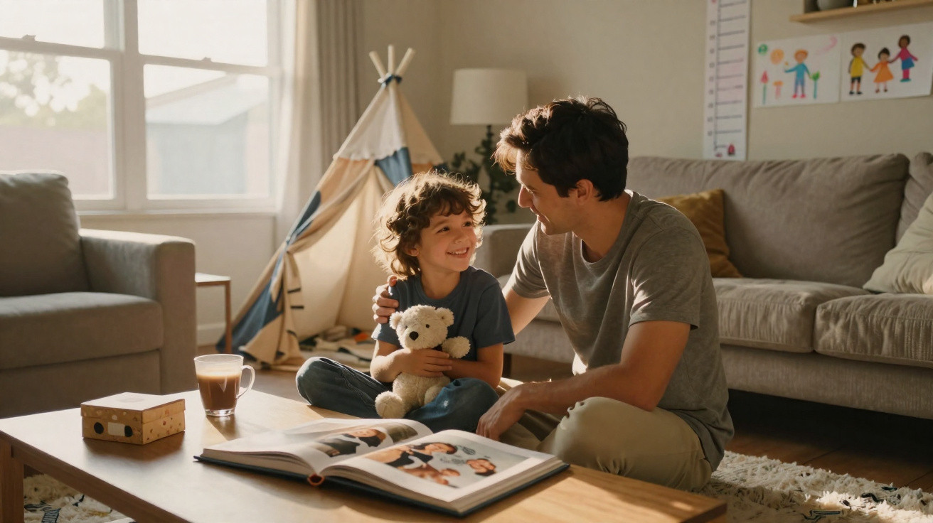 Pai e filho sorridentes sentados no chão da sala, com álbum de fotografias e ursinho de peluche.