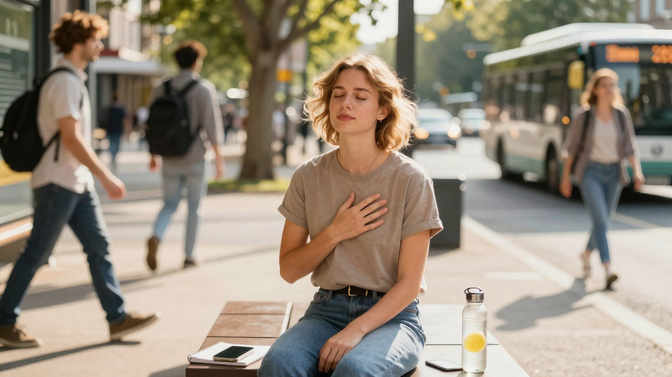 Mulher sentada numa praça com olhos fechados e mão no peito, relaxando num dia soalheiro.
