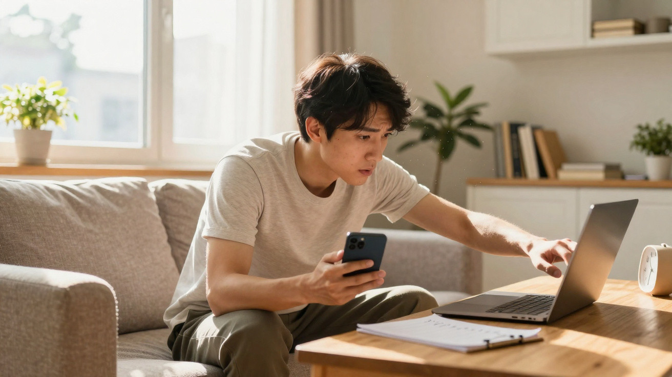 Homem sentado no sofá a usar telemóvel e computador portátil numa sala iluminada e organizada.