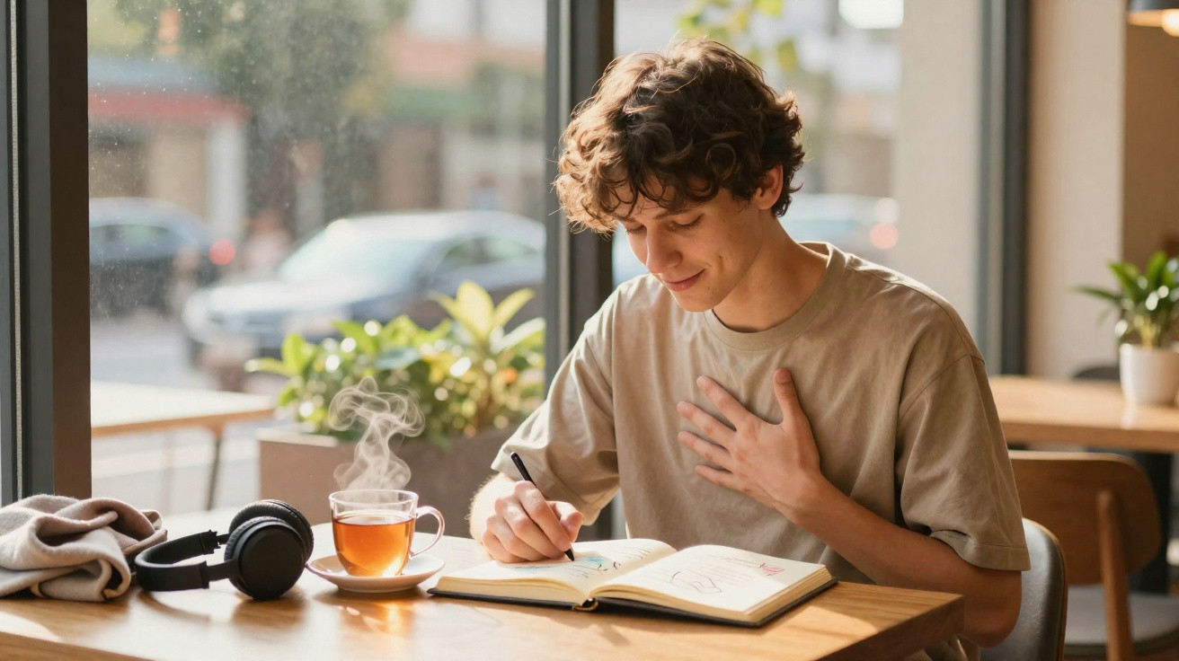 Jovem sentado junto a uma janela escrevendo num caderno com chá quente e auscultadores na mesa.