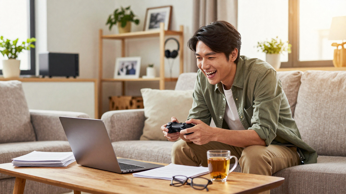 Homem sentado no sofá a jogar videojogos com comando, laptop e chá numa sala iluminada.