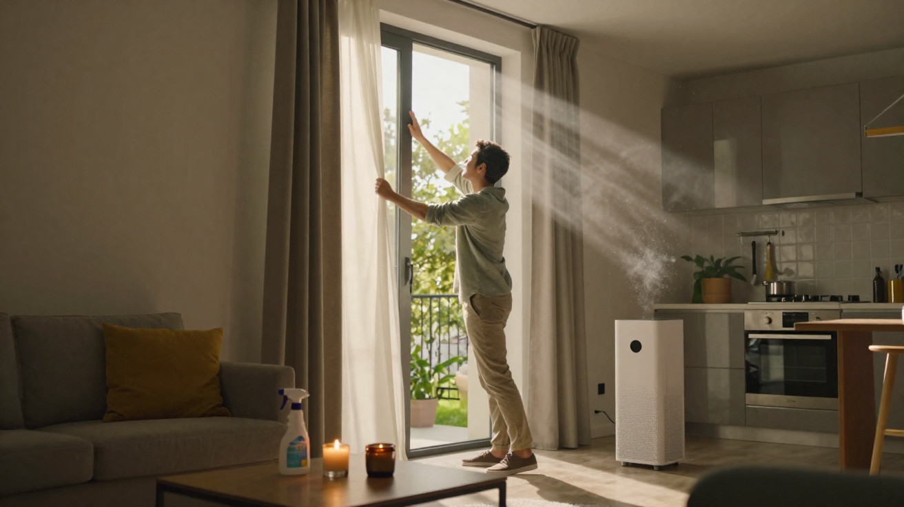 Pessoa abrindo cortinas numa sala iluminada, com purificador de ar ligado e velas acesas na mesa.