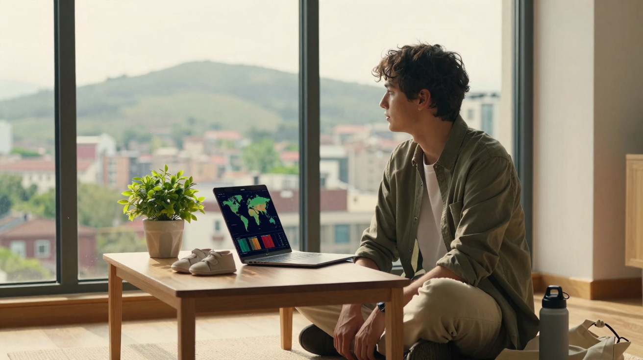 Jovem sentado no chão junto a uma mesa com laptop, planta e sapatinhos de bebé, olhando pela janela grande.