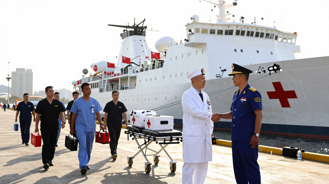Médicos e oficiais militares junto a navio hospital com símbolo da Cruz Vermelha no cais.