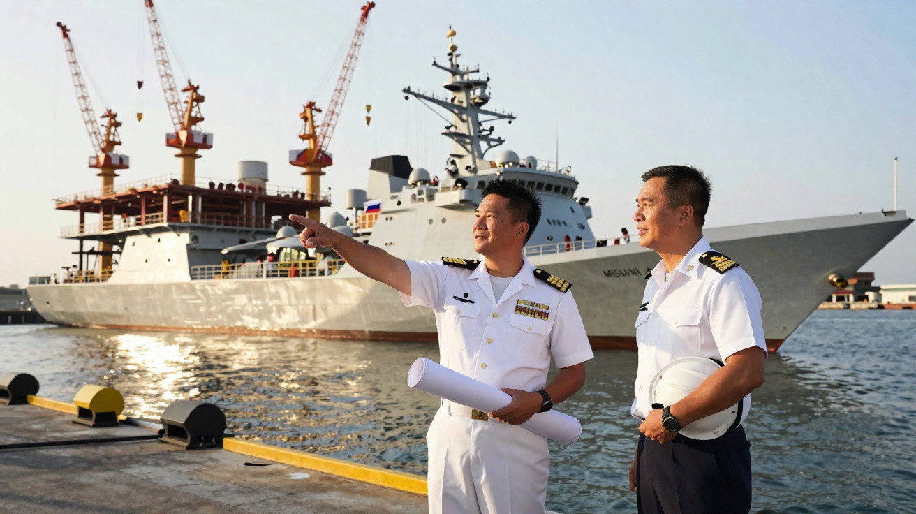 Dois oficiais navais em uniforme branco junto a um cais, com um navio de guerra e gruas ao fundo.