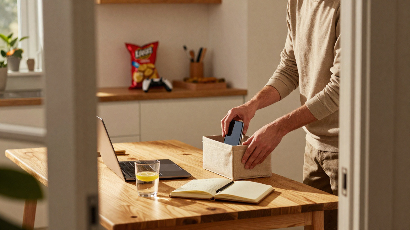 Pessoa a guardar um telemóvel numa caixa num ambiente de trabalho com laptop, caderno e copo de água na mesa.