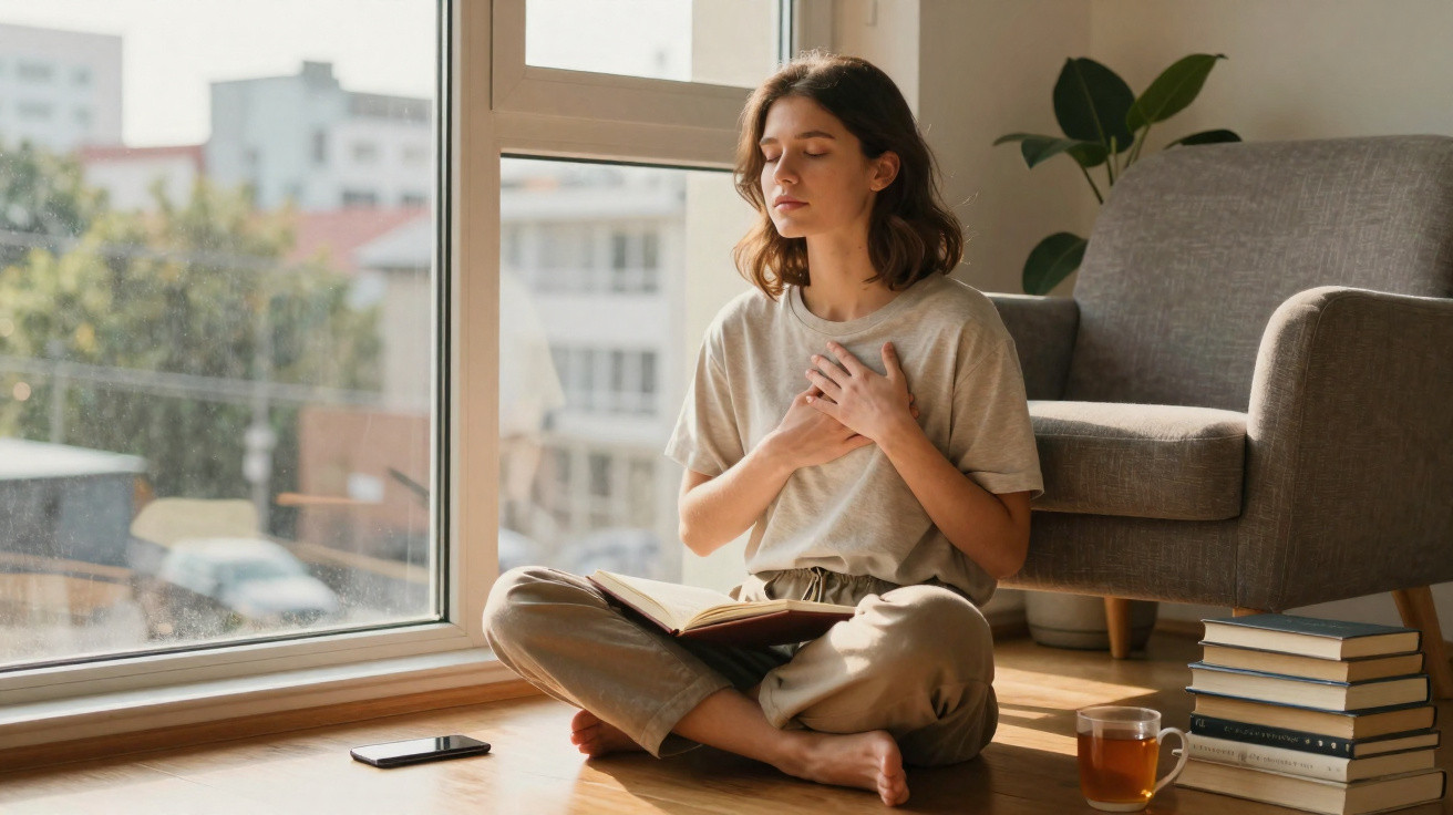 Jovem sentada no chão junto a janela, olhos fechados, mãos no peito, meditando com livro aberto ao colo.