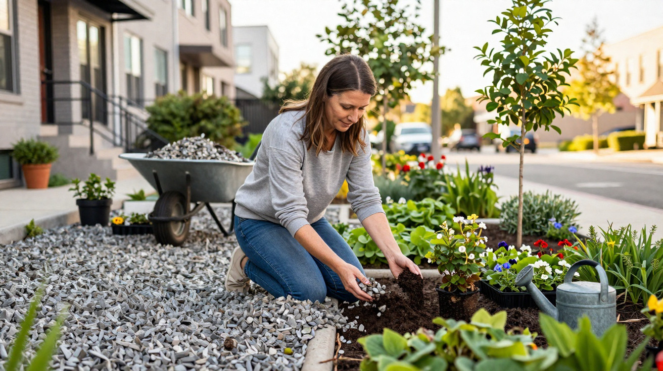 Mulher a cultivar plantas numa pequena horta urbana junto a uma calçada com seixos.