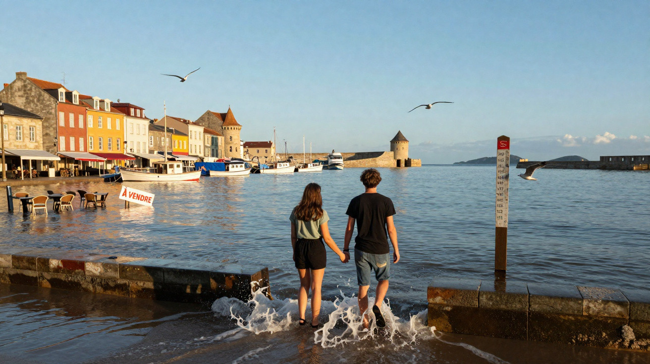 Casal de mãos dadas a caminhar na água junto a um cais com barcos, gaivotas e casas coloridas ao pôr do sol.