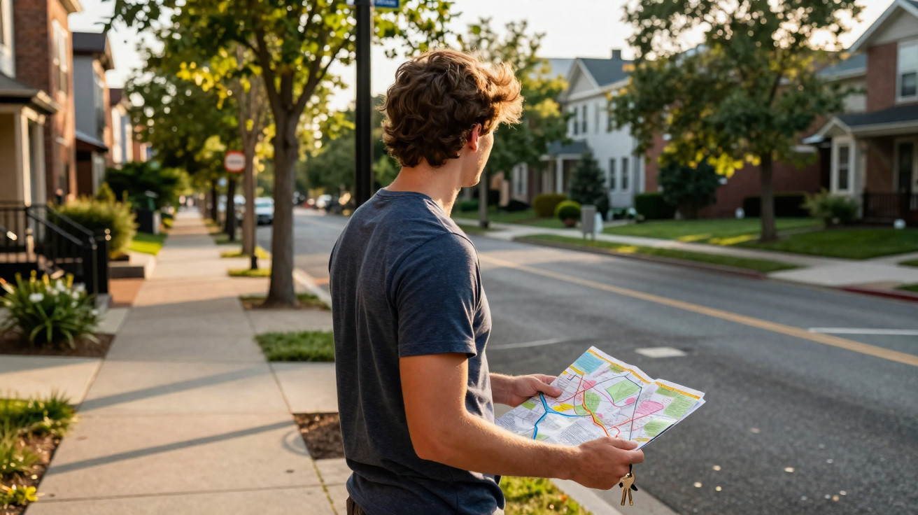 Jovem de t-shirt azul consultando um mapa numa rua residencial ao entardecer.