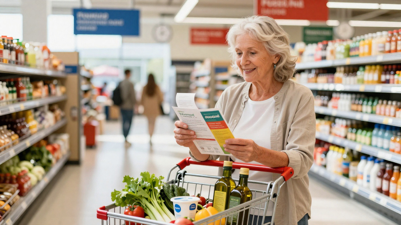 Idosa feliz a consultar lista de compras junto a carrinho cheio num supermercado.