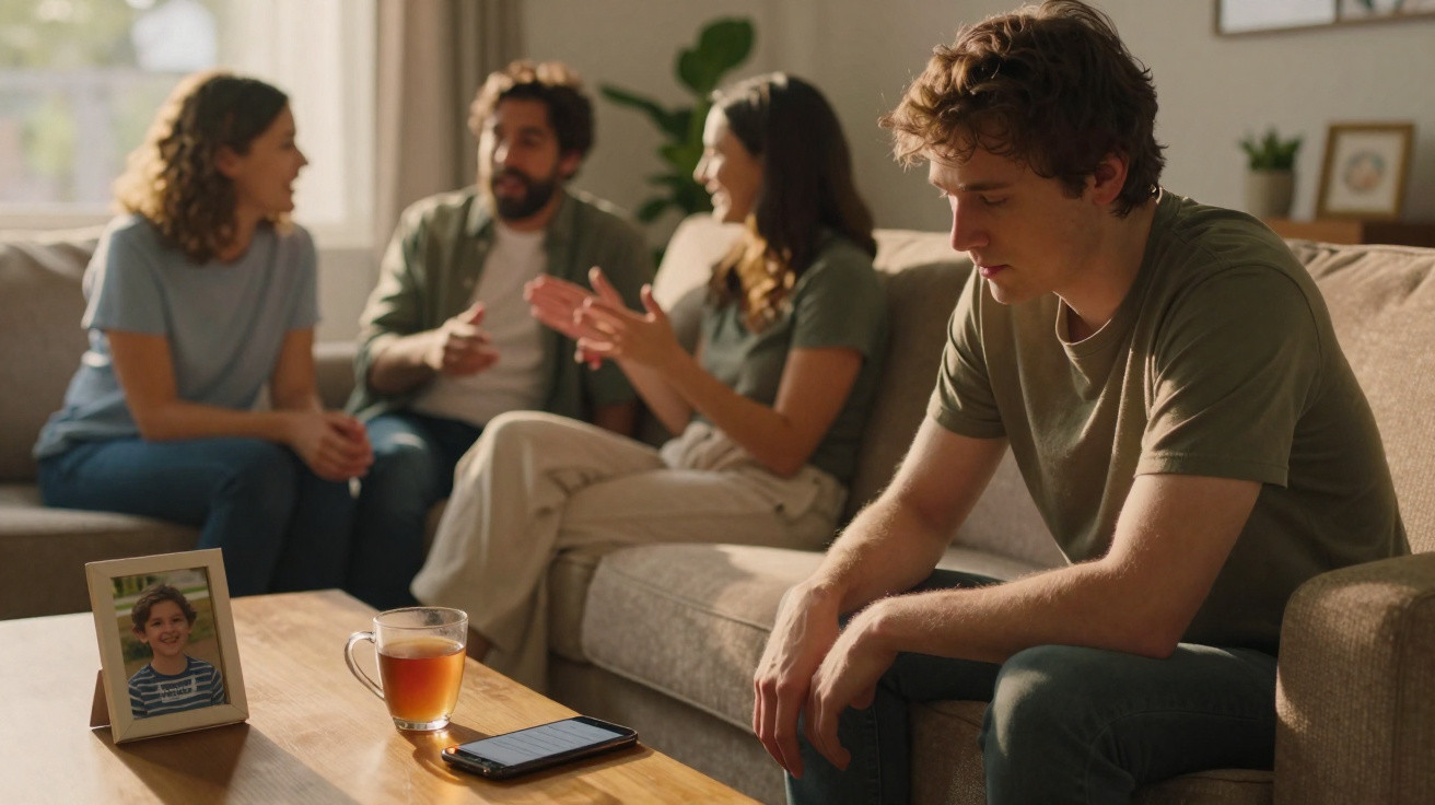 Jovem sentado isolado num sofá enquanto três pessoas conversam ao fundo, ambiente interior aconchegante.