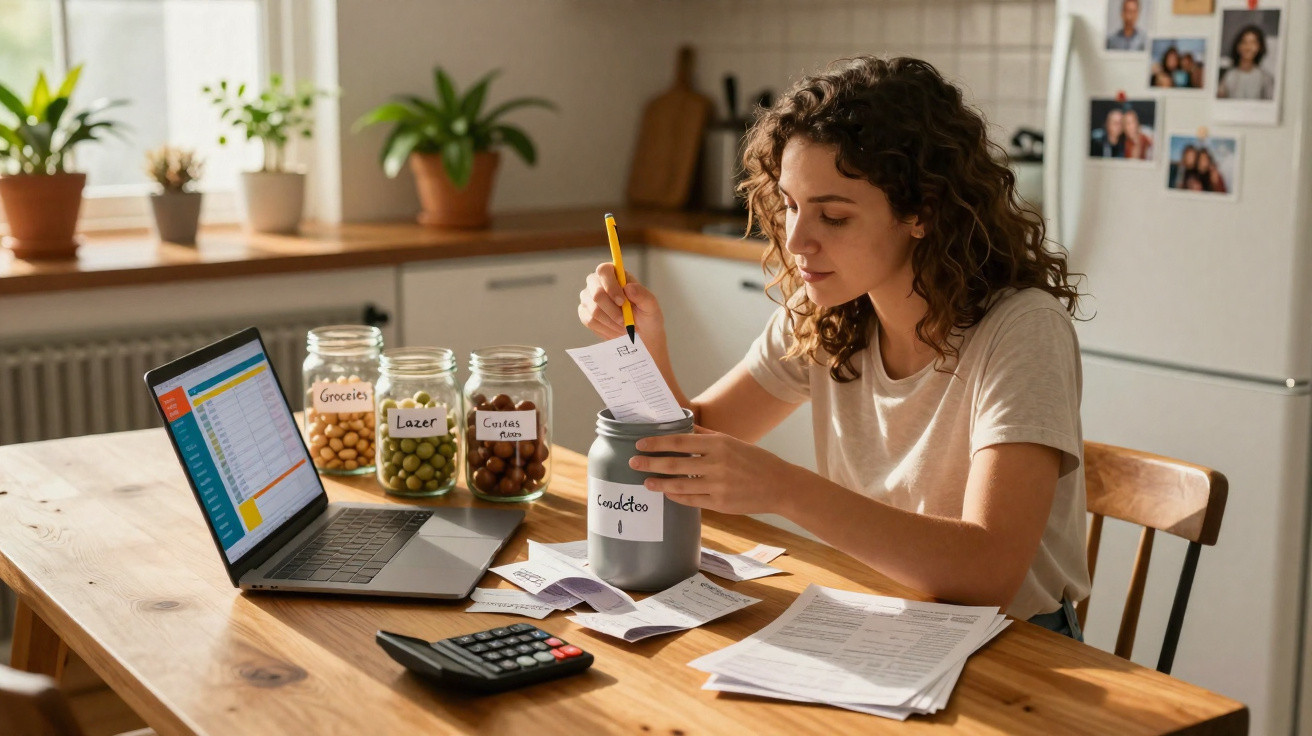 Mulher a organizar recibos e notas num frasco, com computador e calculadora numa mesa de cozinha.