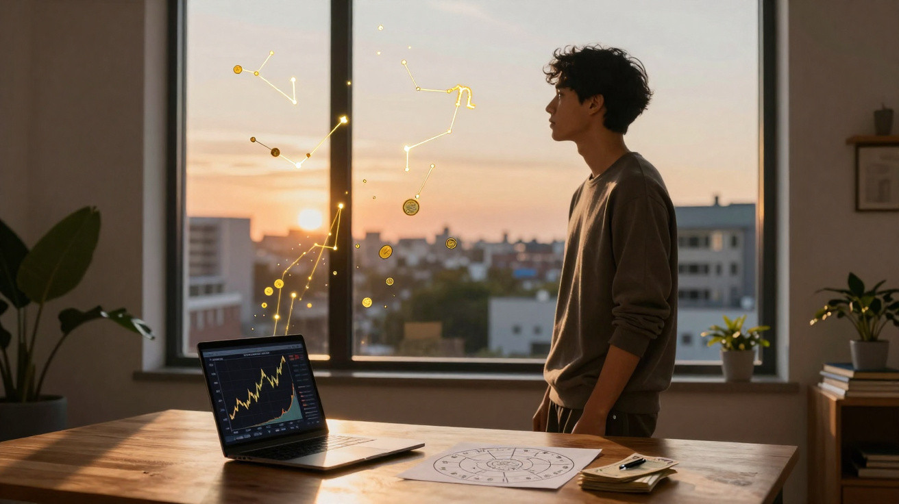 Pessoa a olhar pela janela ao pôr do sol, com laptop e gráficos sobre astrologia numa mesa.