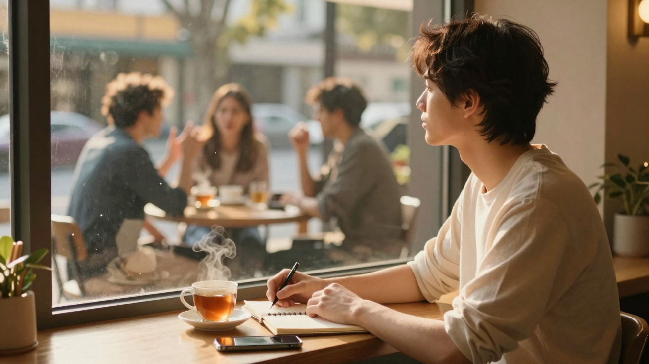 Pessoa a escrever num caderno numa cafetaria, com chá quente e grupo de amigos ao fundo.