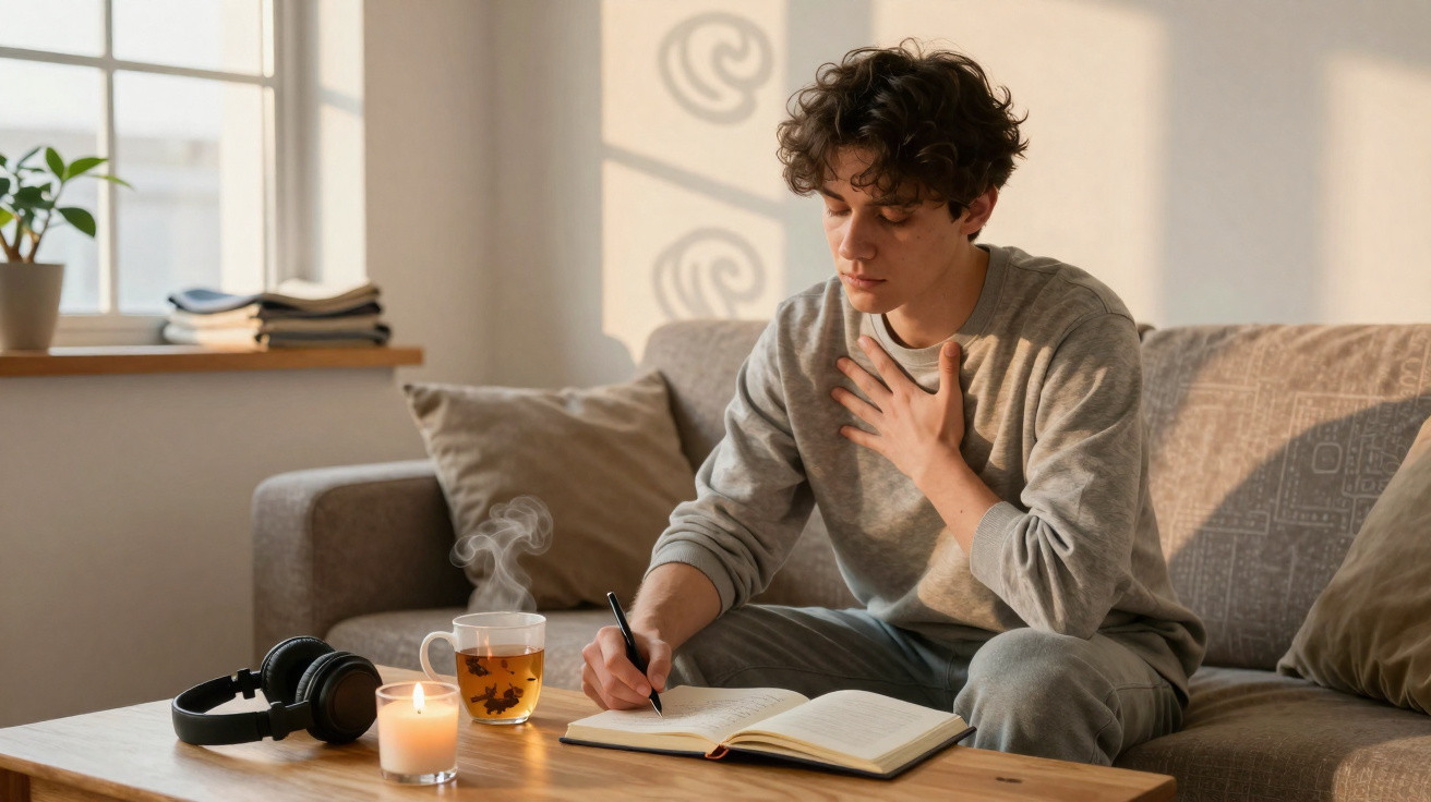Jovem sentado no sofá, escrevendo num caderno, com chá quente e vela acesa numa mesa de madeira.