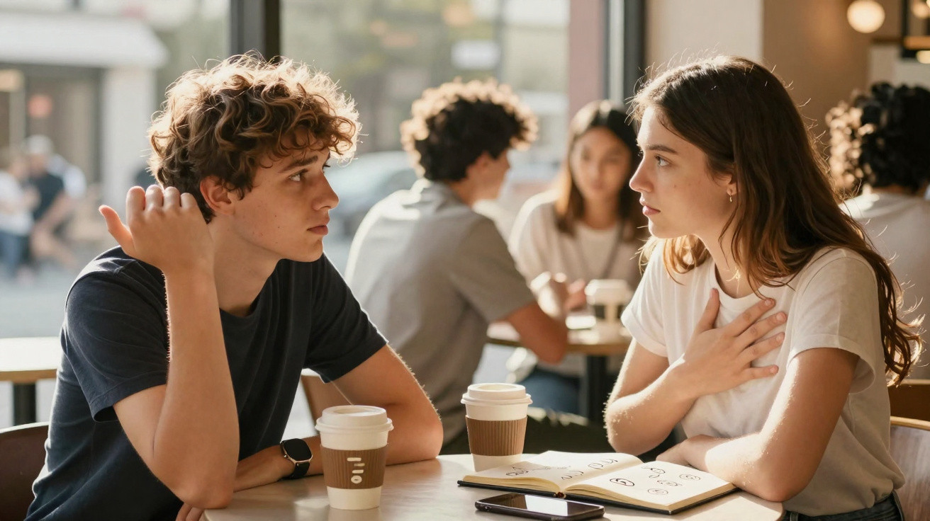 Jovem casal conversa sério numa cafeteria, com copos de café e caderno à sua frente.