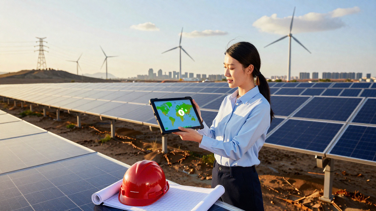 Mulher a analisar mapa digital em painel solar com turbinas eólicas e capacete vermelho na mesa ao pôr do sol.