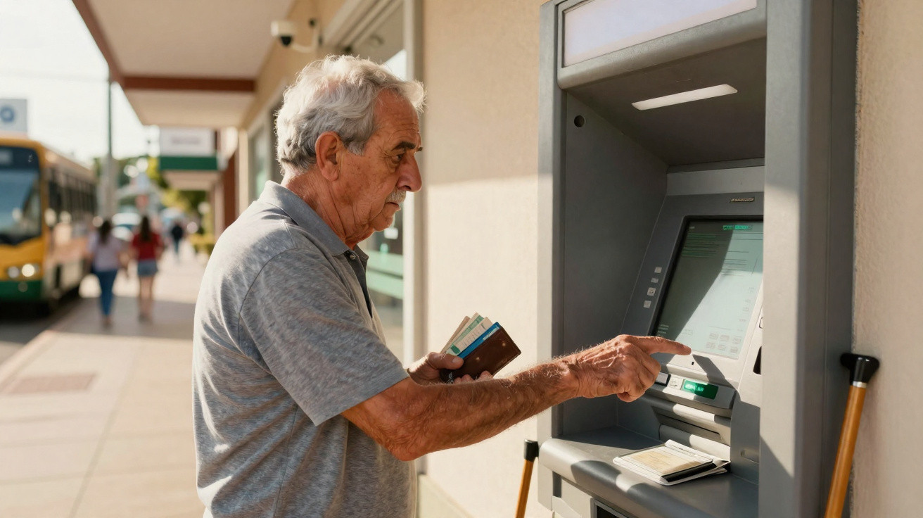 Idoso a usar um multibanco numa rua, segurando cartões e concentrado no ecrã.