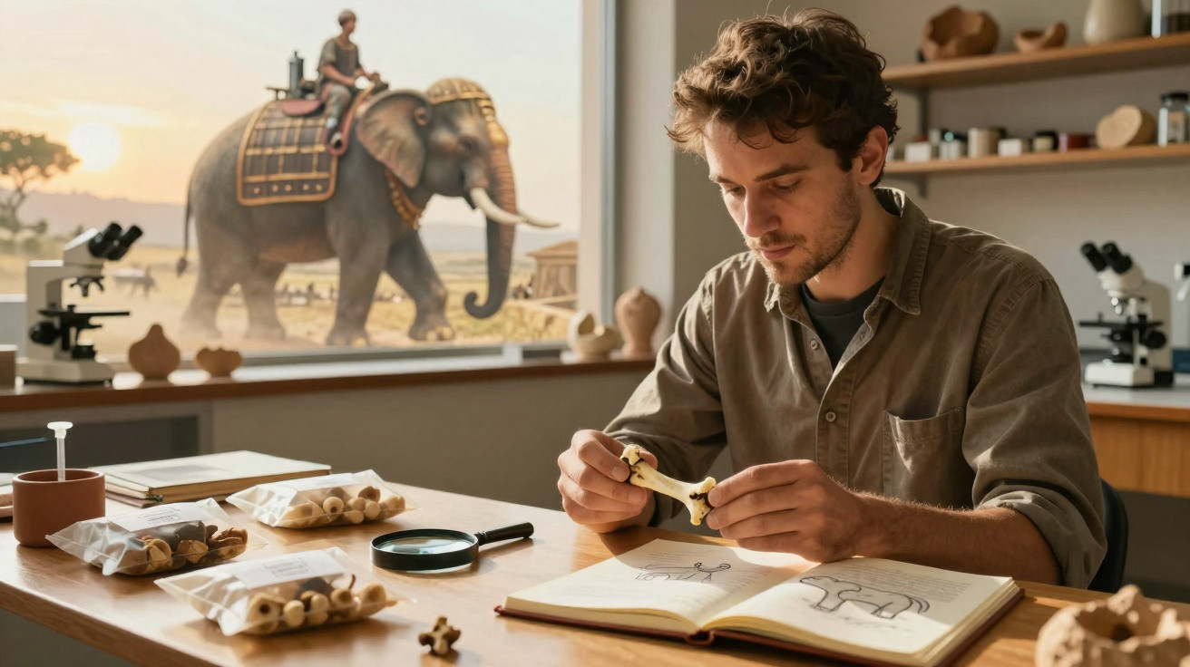 Homem estuda ossos enquanto observa um elefante e cavaleiro ao fundo através de uma janela.