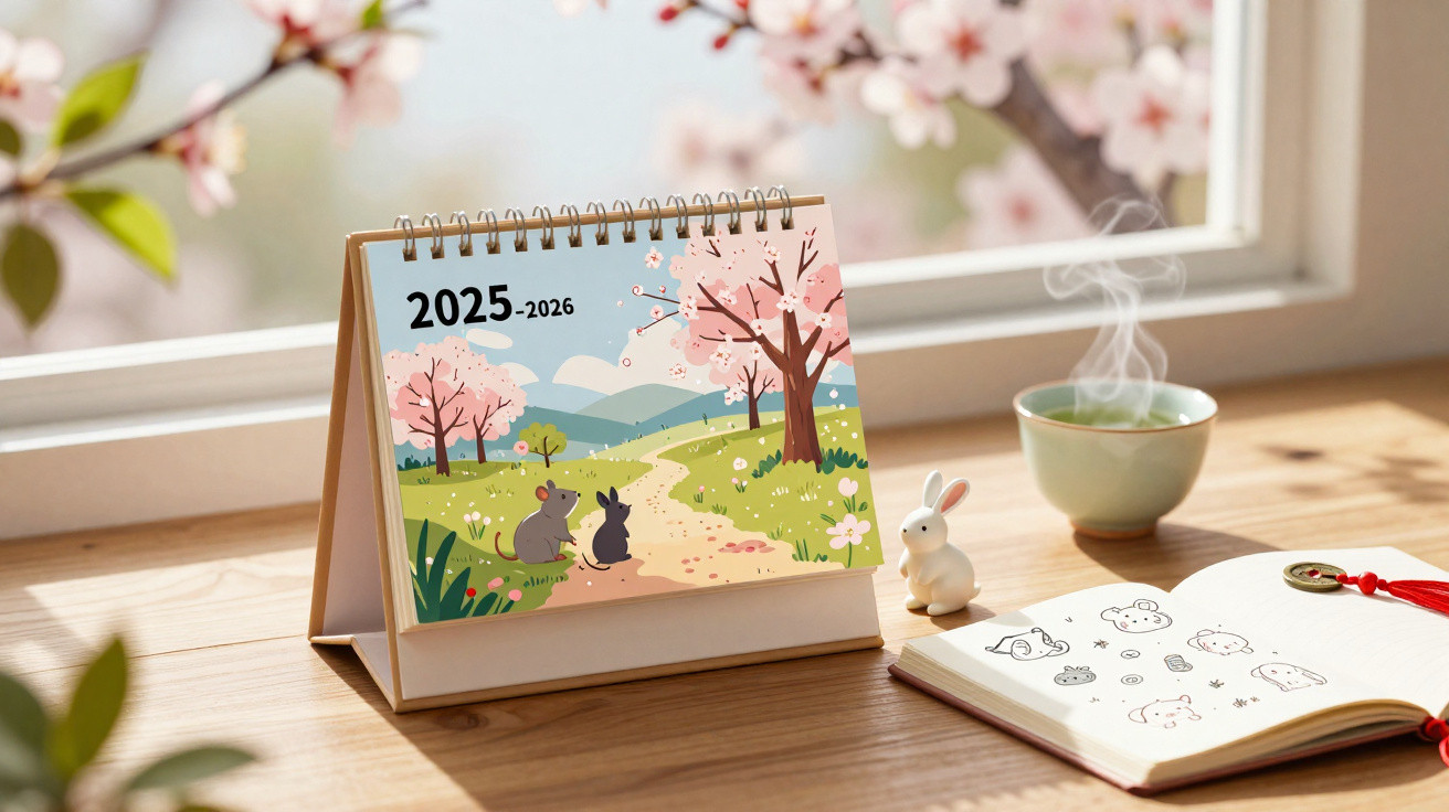 Calendário de mesa 2025-2026 com ilustração de coelhos e árvore florida, chá quente e caderno com desenhos.