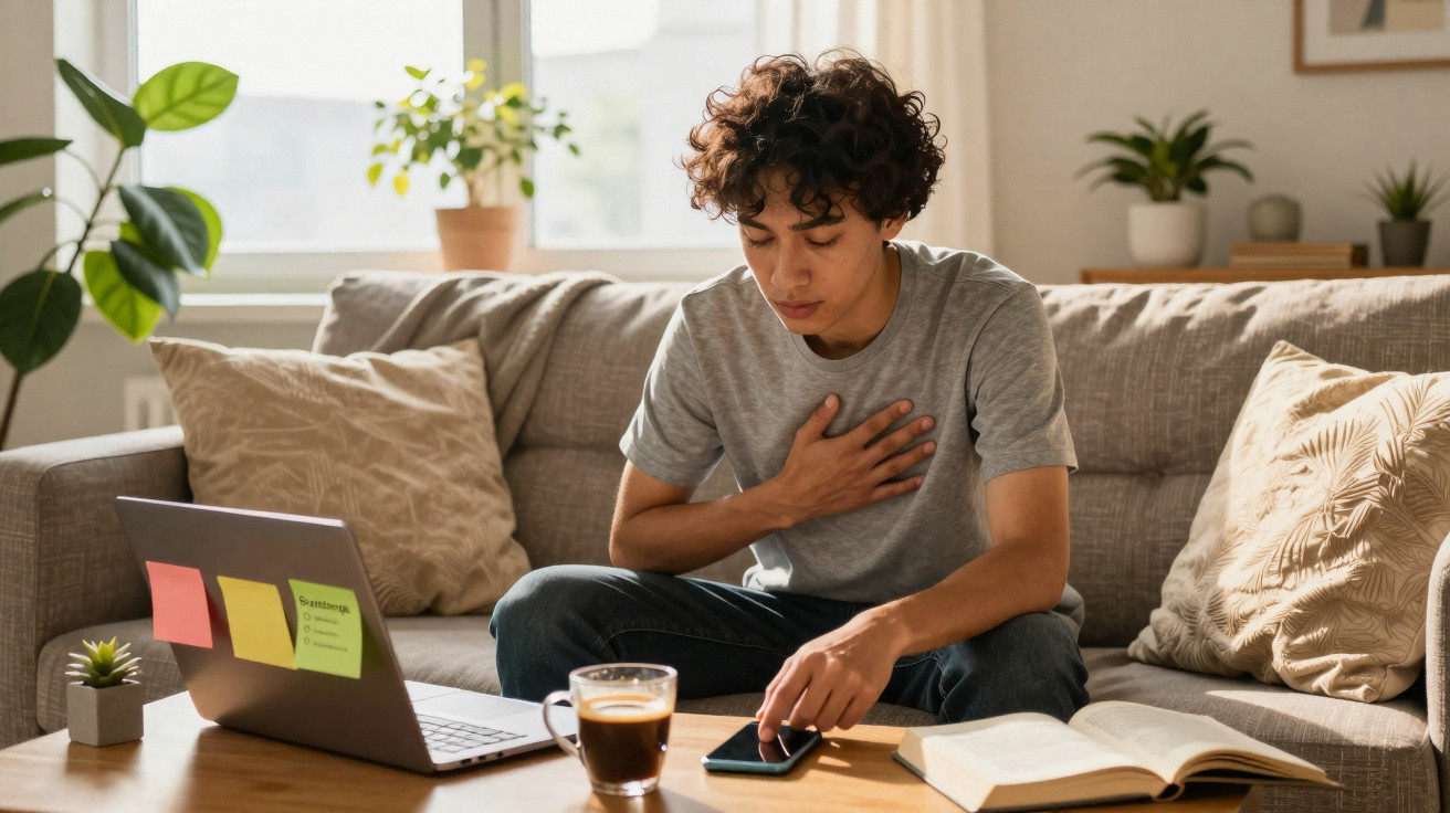 Jovem sentado no sofá com mão no peito, telemóvel na mesa e computador portátil aberto à sua frente.