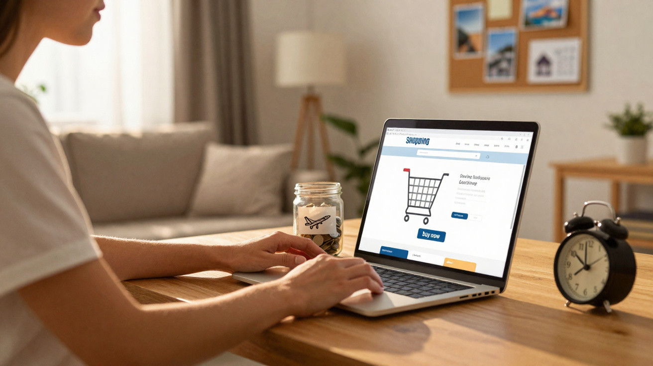 Pessoa a fazer compras online num computador portátil numa sala com relógio e frasco de moedas na mesa.