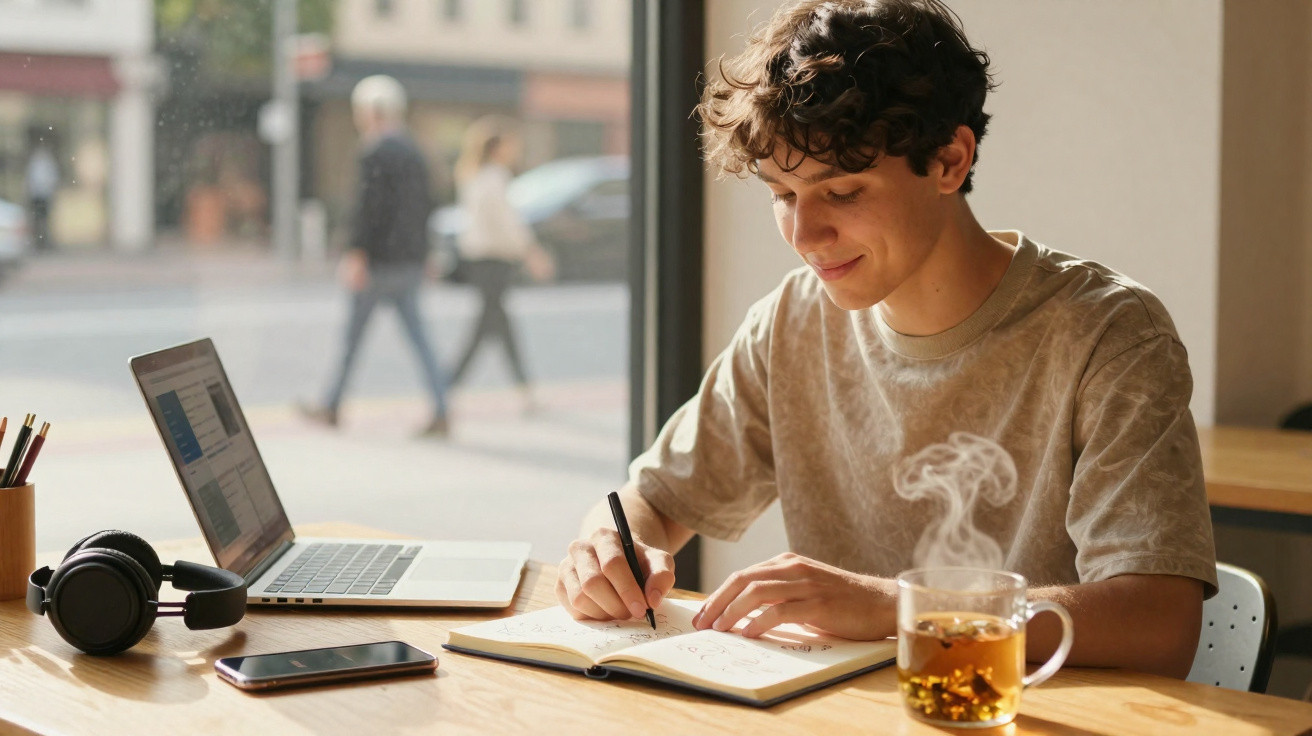 Jovem sentado junto a janela, a escrever num caderno, com portátil, telemóvel, auscultadores e chá quente na mesa.