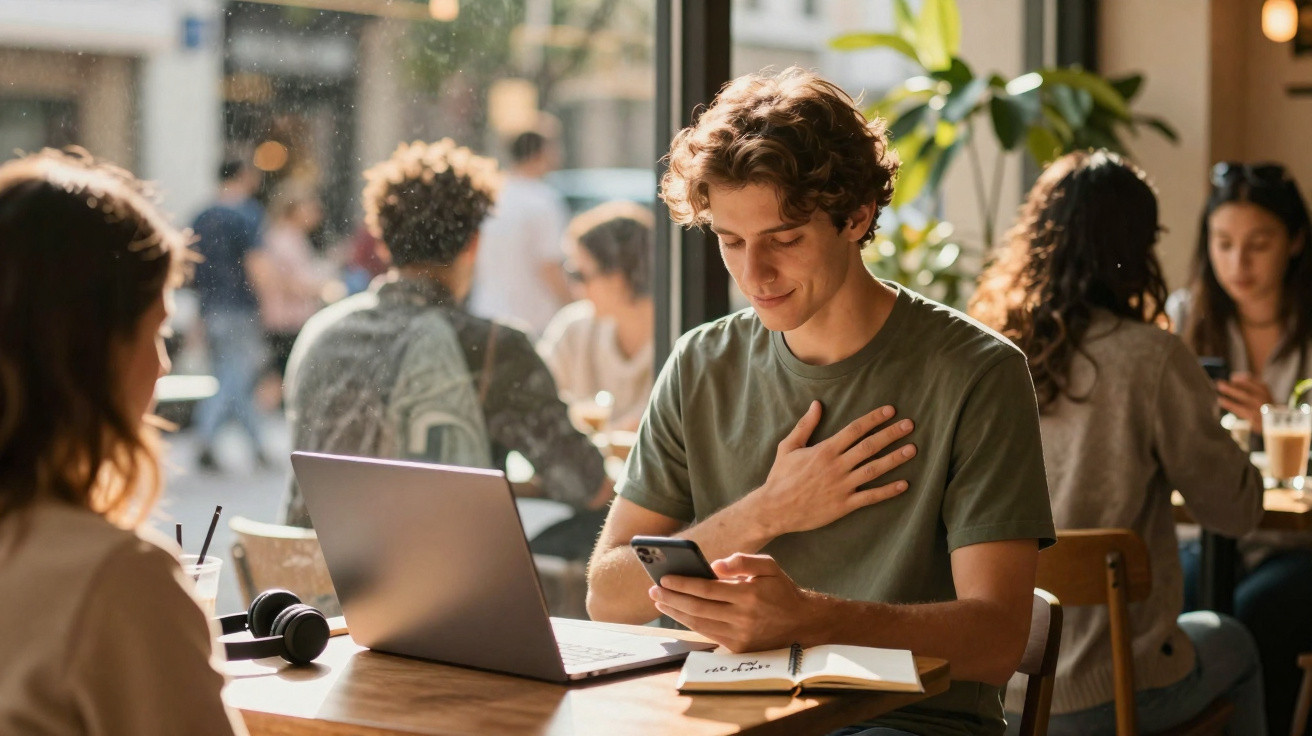 Jovem sentado numa cafeteria com portátil e telemóvel, expressando emoção ao olhar para o ecrã.