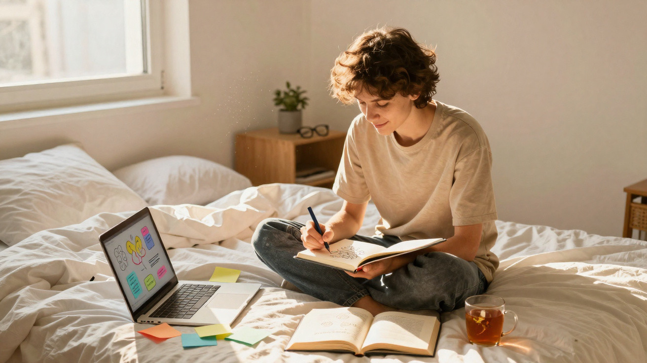 Pessoa sentada na cama a escrever num caderno com computador e chá à sua frente, luz natural na divisão.