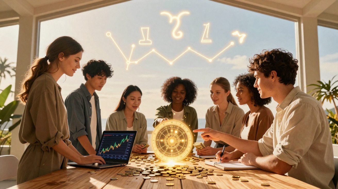 Grupo diversificado sentado à mesa com moedas e um holograma astrológico dourado brilhante flutuante.