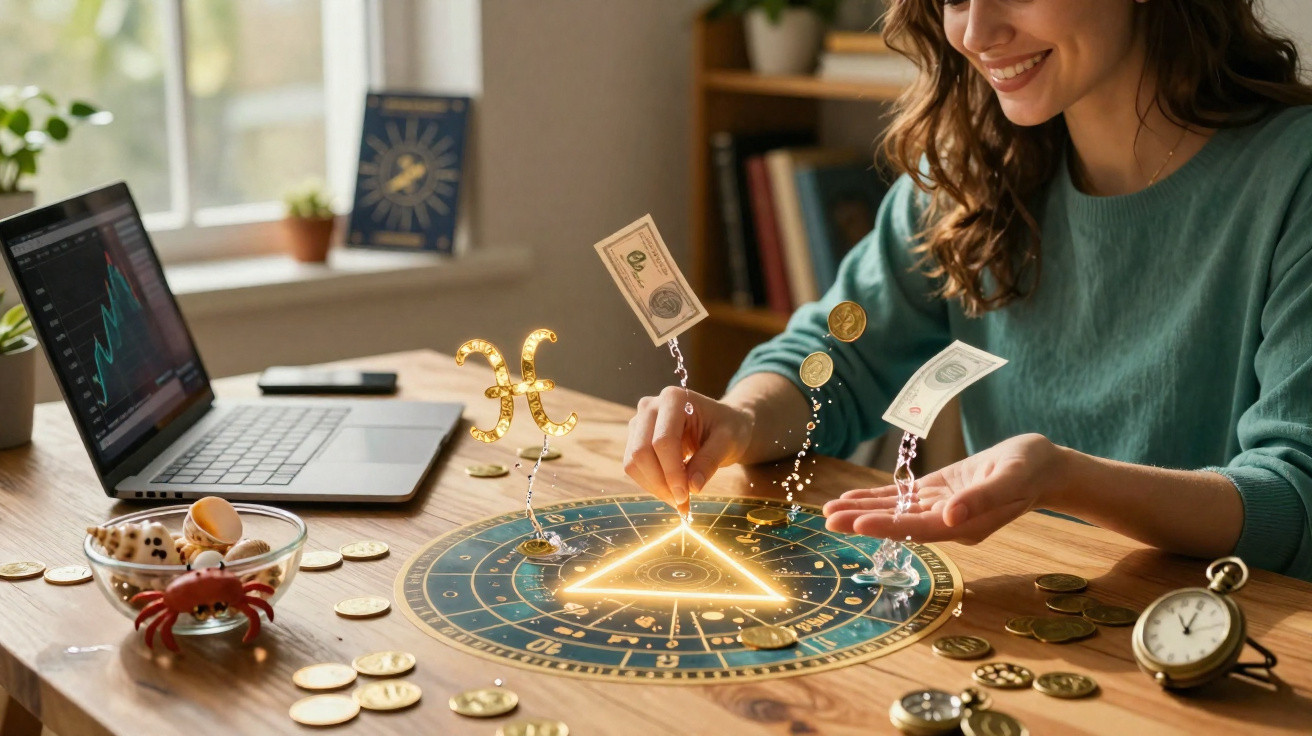 Mulher sorridente a usar astrologia financeira com símbolos, dinheiro e moedas sobre mesa de madeira.