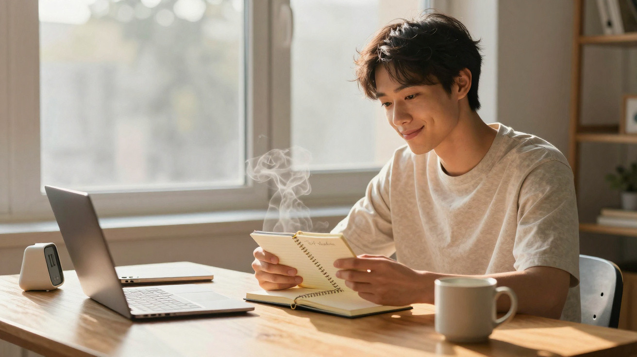 Jovem sentado à mesa com computador, a ler um caderno, com caneca e janela ao fundo.