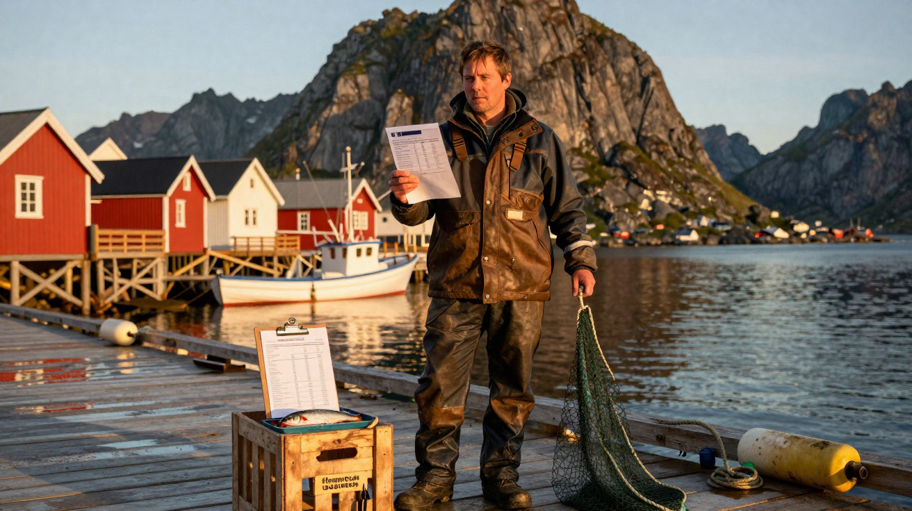 Pescador com roupa impermeável segura rede e documento num cais junto a barcos e casas vermelhas, montanha ao fundo.