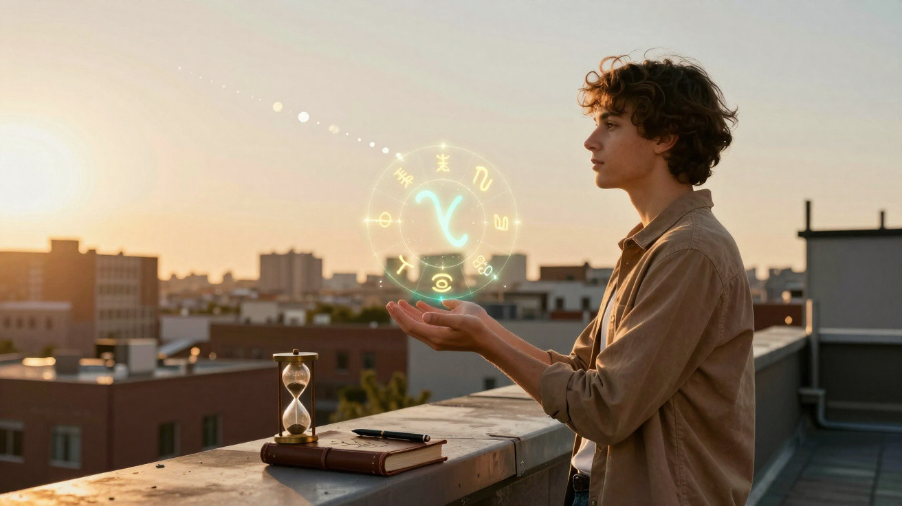 Jovem num terraço ao pôr do sol, segurando holograma de signos do zodíaco com ampulheta e caderno.