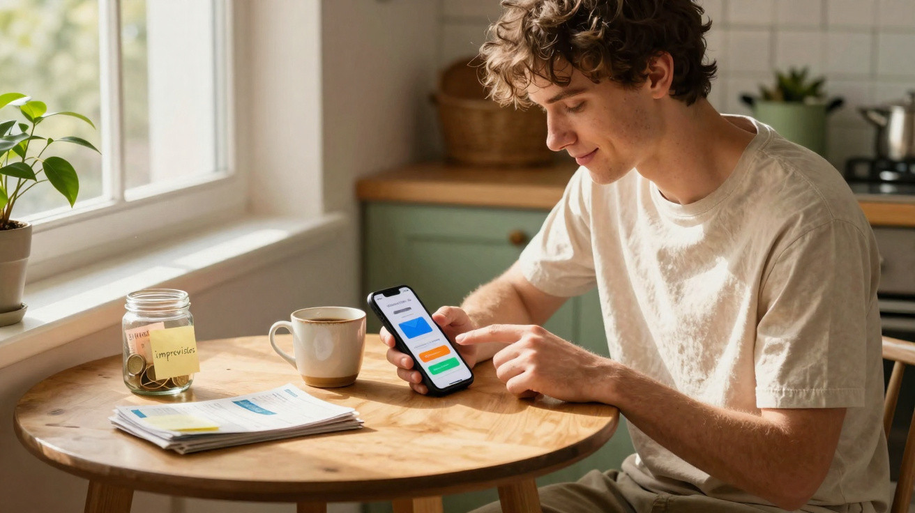 Jovem sentado à mesa a consultar aplicação financeira no smartphone com caderneta, copo e jarro com moedas.